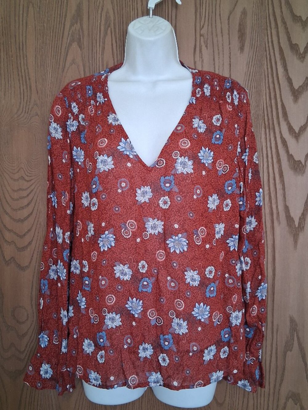 Lucky Brand Floral Brown V-Neck Viscose Peasant Top Medium Bell Sleeves